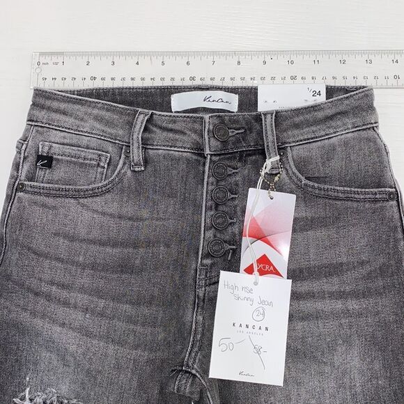 KanCan Strait Fit High Rise Skinny Distressed Button Fly Jeans Charcoal Wash - Picture 7 of 15